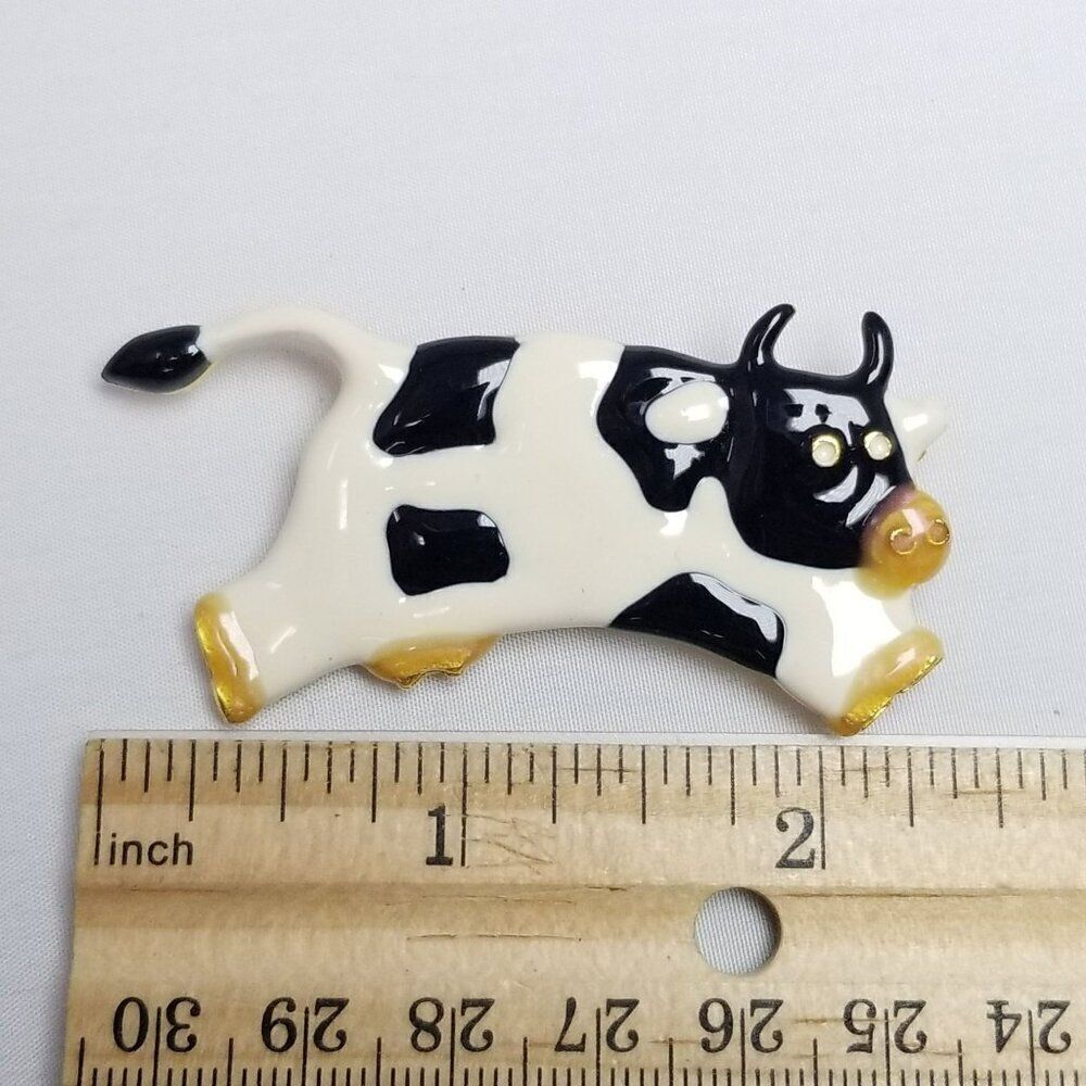 Vintage Cow Brooch, Leaping Black and White Spotted Enamel Lapel Pin, Estate - Picture 5 of 7